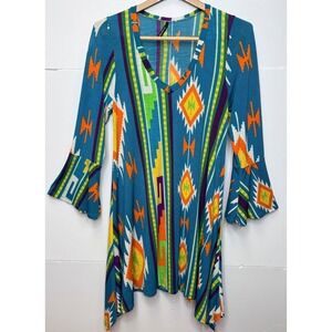 Emma Rose Tunic Dress M Aztec Bell Sleeve Southwest Festival Boho Resort Hippie